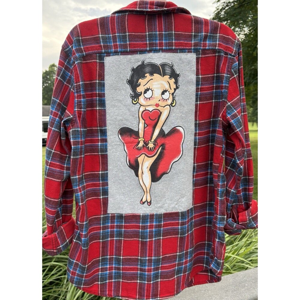 Betty Boop Button Down Shirt Plaid Size Medium Flannel Upcycled Boho Retro Hippi